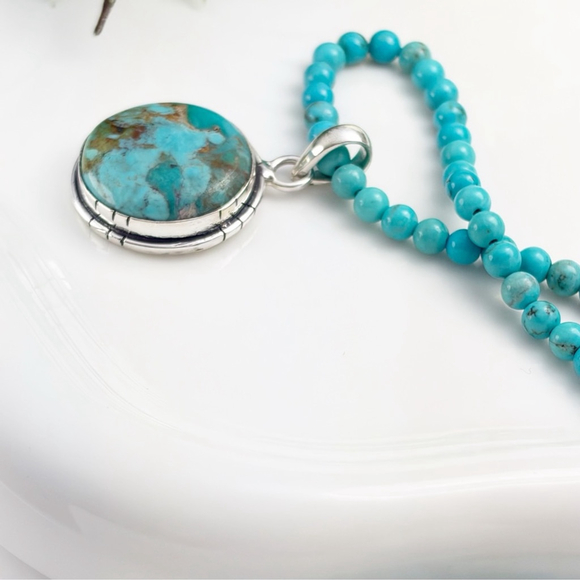 Mohave Turquoise Pendant Necklace Boho Southwest Round Blue Handmade New 925 - Picture 4 of 8